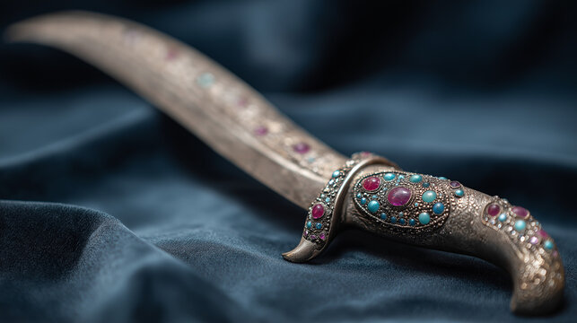 rajput. An ornate curved dagger with a jeweled hilt on dark velvet. event programs, museum guides, designed for cultural heritage projects and event programs, preserves heritage.