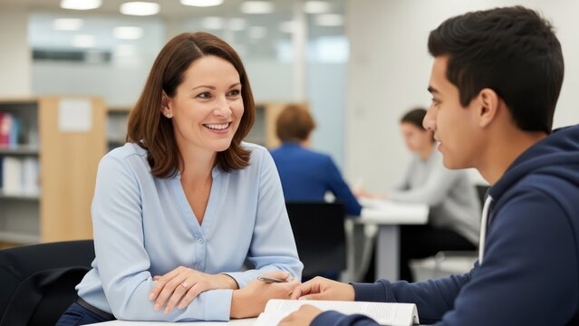 Encouraging Tutor Guiding Student Through Lessons in Serene Library Atmosphere