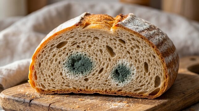 Moldy bread loaf cut in half on wooden cutting board with green mold spots inside
