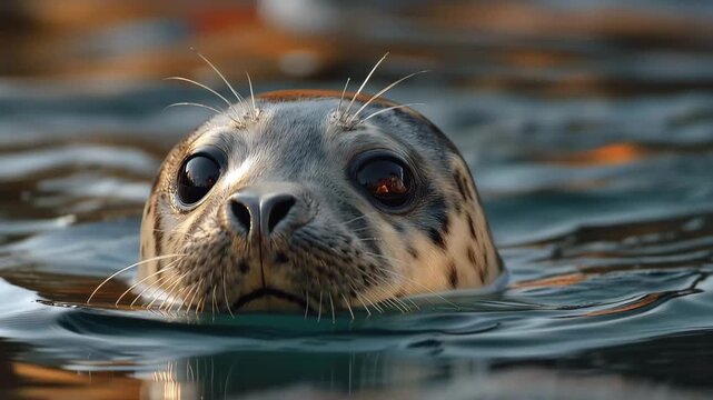 Cute Harbor Seal Pup Portrait in Water, A seal gracefully swims through clear blue water