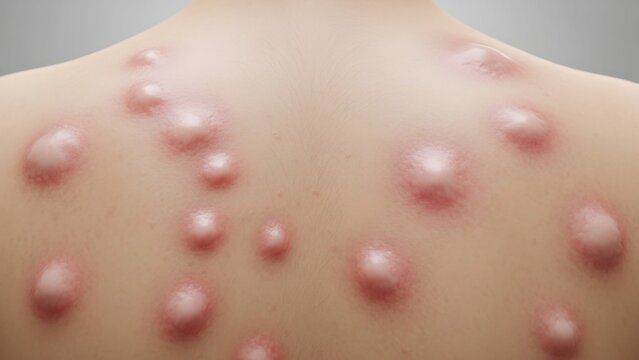 Close-up of a human back displaying numerous raised, inflamed and pustular lesions, indicative of a skin condition such as acne, folliculitis or a bacterial infection, highlighting the visible texture