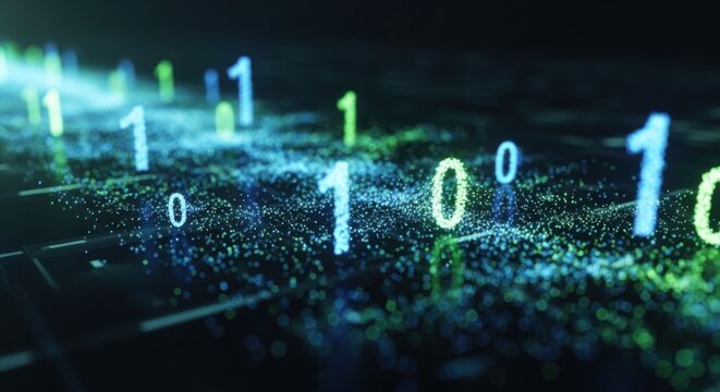 Binary code stream with floating ones and zeros in green and blue light on dark grid