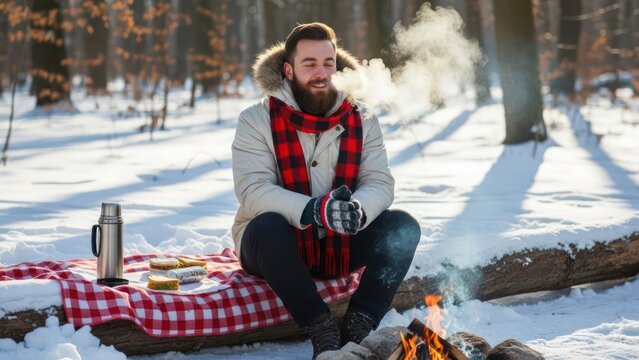 Bearded man enjoys winter picnic near campfire, breathing out smoke on cold day, outdoor retreat