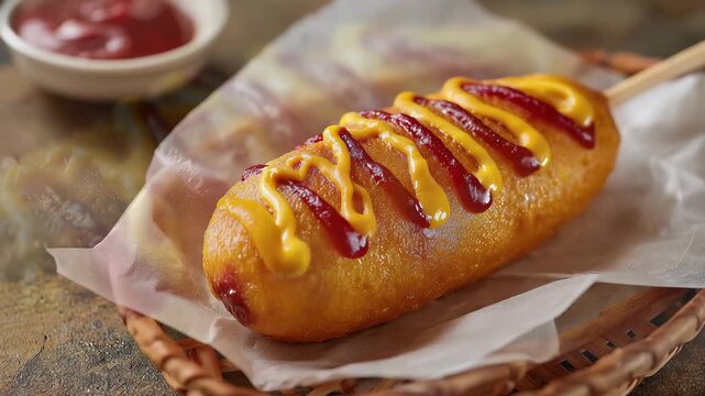 Delicious Corn Dog with Mustard and Ketchup Drizzles, Hot dogs on sticks topped with mustard and ketchup