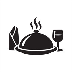 Fine Dining Cloche with Wine Glass and Napkin Black and White Icon
