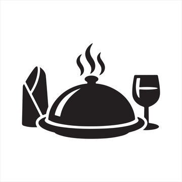 Fine Dining Cloche with Wine Glass and Napkin Black and White Icon

