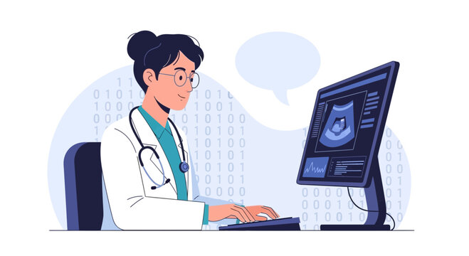Doctor with Ultrasound Display, Medical Tech, Digital Health, Binary Code Background