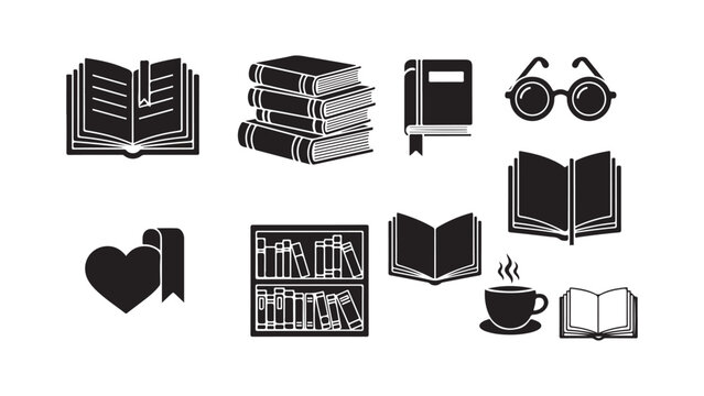 Set of stylish black and white book reading icons isolated transparent background