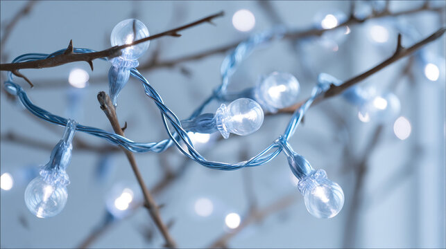 Decorative blue led string lights wrapped around bare tree branches with light bulbs, lighting