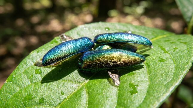 Iridescent jewel beetle elytra resting on a green leaf with water droplets in natural outdoor sunlight, showing metallic blue, green, and gold colors and textured wing cover surfaces.