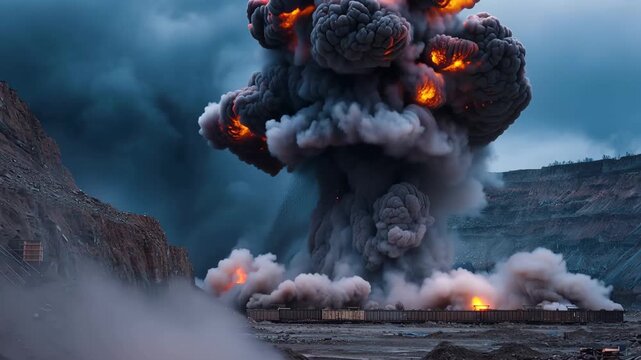 Dramatic explosion blast occurs in an open cast mining quarry, A large explosion erupts in the sky, creating a dramatic burst of light and smoke