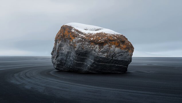 Glacial erratic boulder with striations on black sand beach under overcast sky