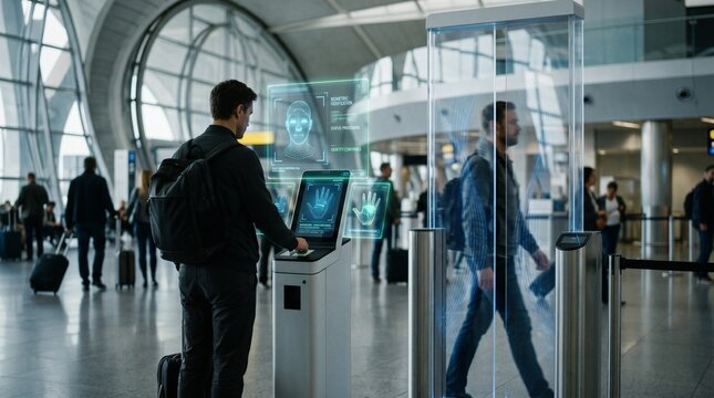 Traveler Using Biometric Facial Recognition at an Automated Kiosk in a Modern Airport Terminal