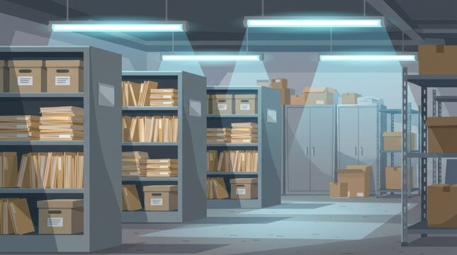 Illustration of an archive storage room with rows of gray metal shelves filled with organized manila folders and cardboard boxes under bright fluorescent ceiling lights.