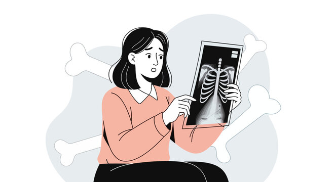 Worried woman holding chest x-ray film with bones illustration