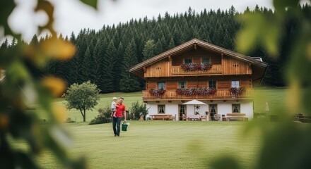 Obraz premium Happy Family Life at Traditional Austrian Mountain Chalet with Father Carrying Toddler on Lush Green Grass