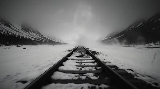 Black and white view of train tracks cutting through snow covered landscape towards mountains in a winter scene