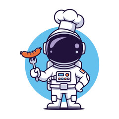 Fototapeta premium Astronaut chef holding sausage on fork