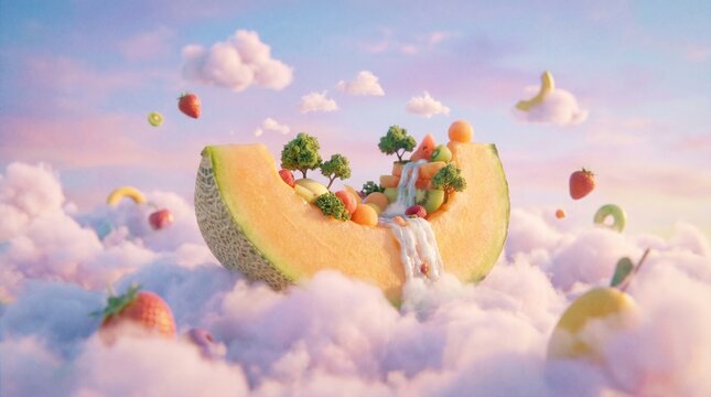 A lush tropical paradise with fruit and a waterfall nestled inside a floating melon slice in the sky