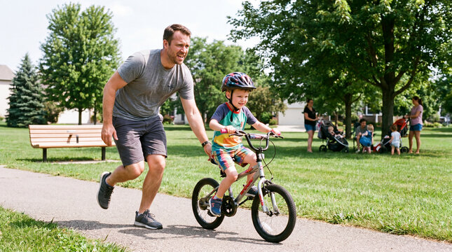 Man assisting young boy riding bike on path in park with people in background