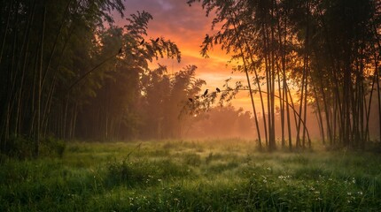 Fototapeta premium Serene forest landscape with misty sunrise through trees in grassy field with wildflowers