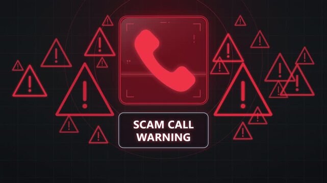 Animation of a glowing red telephone icon surrounded by floating alert symbols on a dark digital grid background. Concept of cyber security and scam call awareness