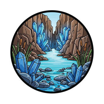 Blue crystals in rocky landscape formation.