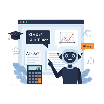 Vector illustration of an AI chatbot tutor character teaching mathematics on a web browser with algebraic formulas, calculator, line graph, and a graduation cap icon.
