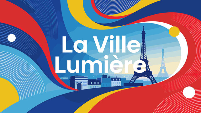 Vibrant graphic illustration of Paris, featuring the Eiffel Tower and Arc de Triomphe silhouettes with flowing red, yellow, and blue abstract shapes, and 'La Ville Lumi&egrave;re' text.