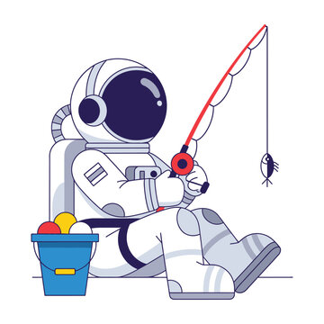 Astronaut fishing in space with bucket and rod