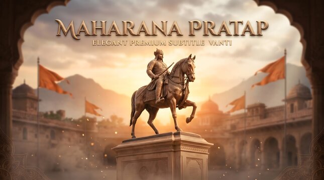 Maharana pratap statue on horseback with indian architecture background at sunset