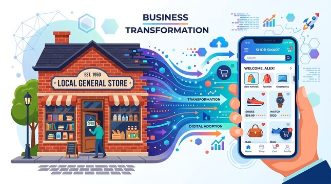 Flat vector illustration of a local physical store converting into a digital mobile commerce application through dynamic data waves, representing business modernization and tech innovation