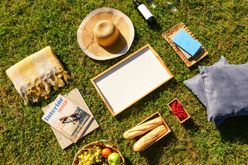 Set for romantic picnic with tasty food and wine on green grass background