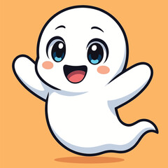 Obraz premium A cheerful cartoon ghost with big eyes and rosy cheeks floats against an orange background with a playful mood.