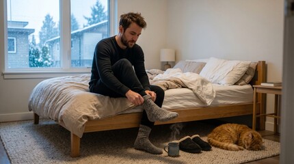 Fototapeta premium Man sitting on bed putting on socks in cozy bedroom with cat 