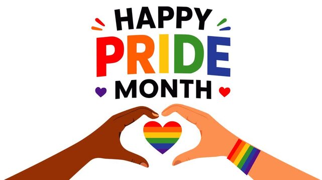 Colorful Happy Pride Month footage featuring diverse hands forming a heart around a rainbow symbol. Perfect for LGBTQ celebration, equality campaigns, inclusion, love, and community awareness content.