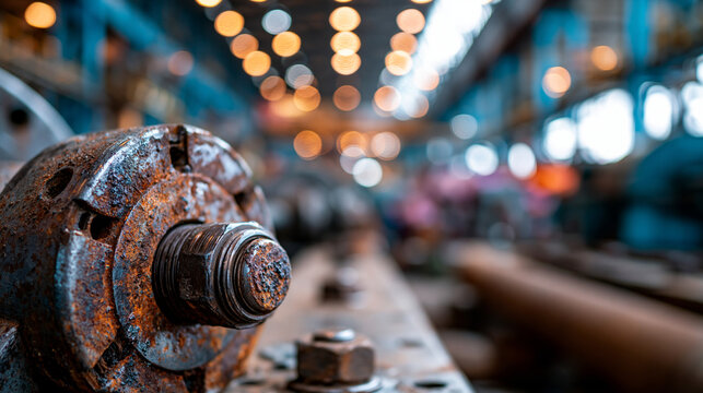 Close-up of aged and weathered factory equipment with an abstract textured surface, the worn industrial machinery detail creating an evocative background representing the history and