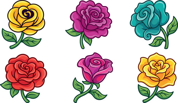 Cute cartoon set of colorful rose flowers yellow red pink blue blossoms with green leaves isolated vector illustration on white background