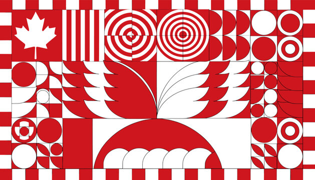 Stylized Canadian flag with intricate red and white geometric patterns and a central maple leaf.