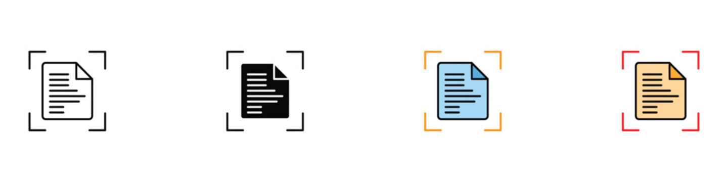 Document scanning and optical character recognition icon set. Vector illustration of a file paper in a scanner frame in outline, glyph, and colorful flat styles for digital archiving.