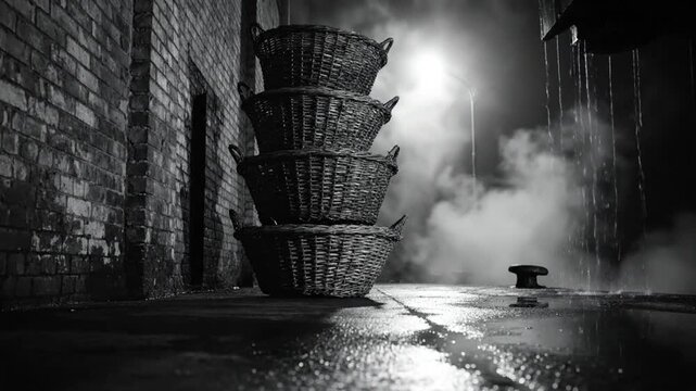 Black and white shot of a stack of baskets in an alleyway with steam, rain, and dim lighting creating atmosphere