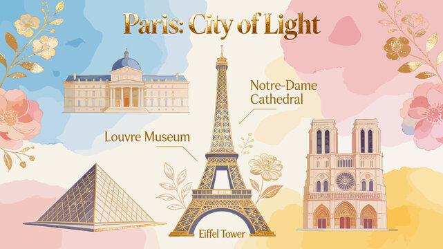 Paris: City of Light showcases iconic landmarks including the Eiffel Tower, Louvre Museum, and Notre-Dame Cathedral, set against a backdrop of floral watercolor art.