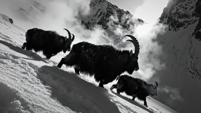 Black and white shot of ibex climbing snowy mountain slope, majestic wildlife in natural habitat.