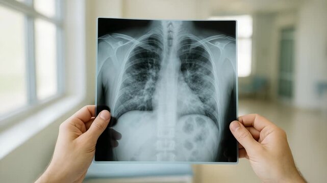 Hands holding a chest x-ray film showing lungs, ribs and spine in a clinical hospital corridor setting