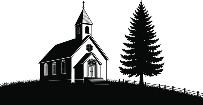 Black and white illustration of a small church on a hill with a pine tree