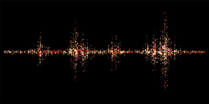 abstract vector audio sound wave waveform formed by happy elements emoji and music note particles on black background for entertainment digital technology and artificial intelligence sound concept