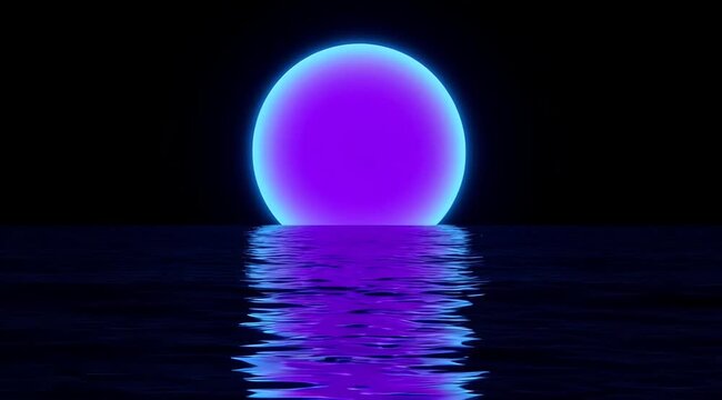 Glowing Neon Purple Egg Shape Object Rises Over Dark Water Surface Reflecting Vivid Colors Minimalist SciFi Aesthetic With Dark Black Background