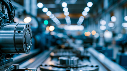 Fototapeta premium Blue-toned industrial interior with organized machinery and production equipment in a large factory space, the monochromatic treatment creating a cool and contemporary industrial background