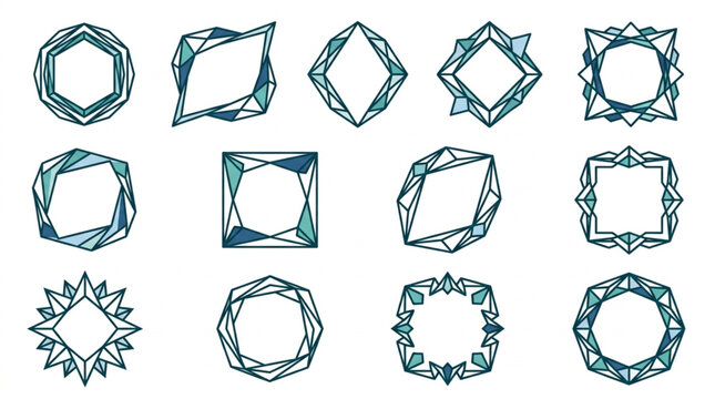 Collection of Geometric Frames with Crystal Facets and Blue Tones.