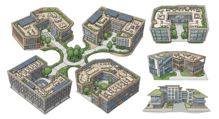 Fototapeta premium Sustainable Isometric Office Campus Vector Set with Eco Friendly Modern Architecture